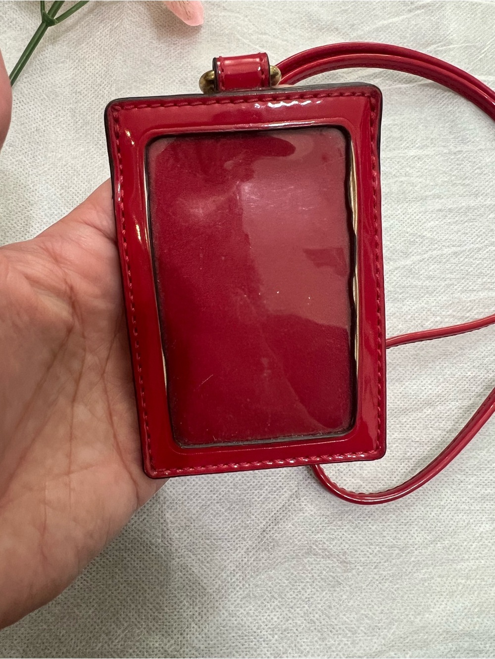 Coach Red Patent ID Lanyard with Gold Heart Charm - Picture 4 of 4